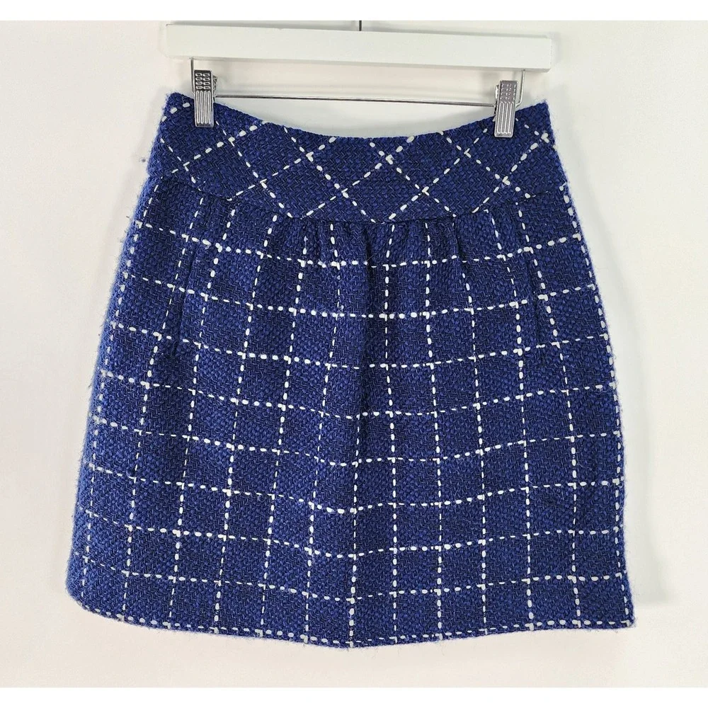 Maeve Anthropologie Mini Skirt Women's 4 Navy Wool Blend Windowpane
